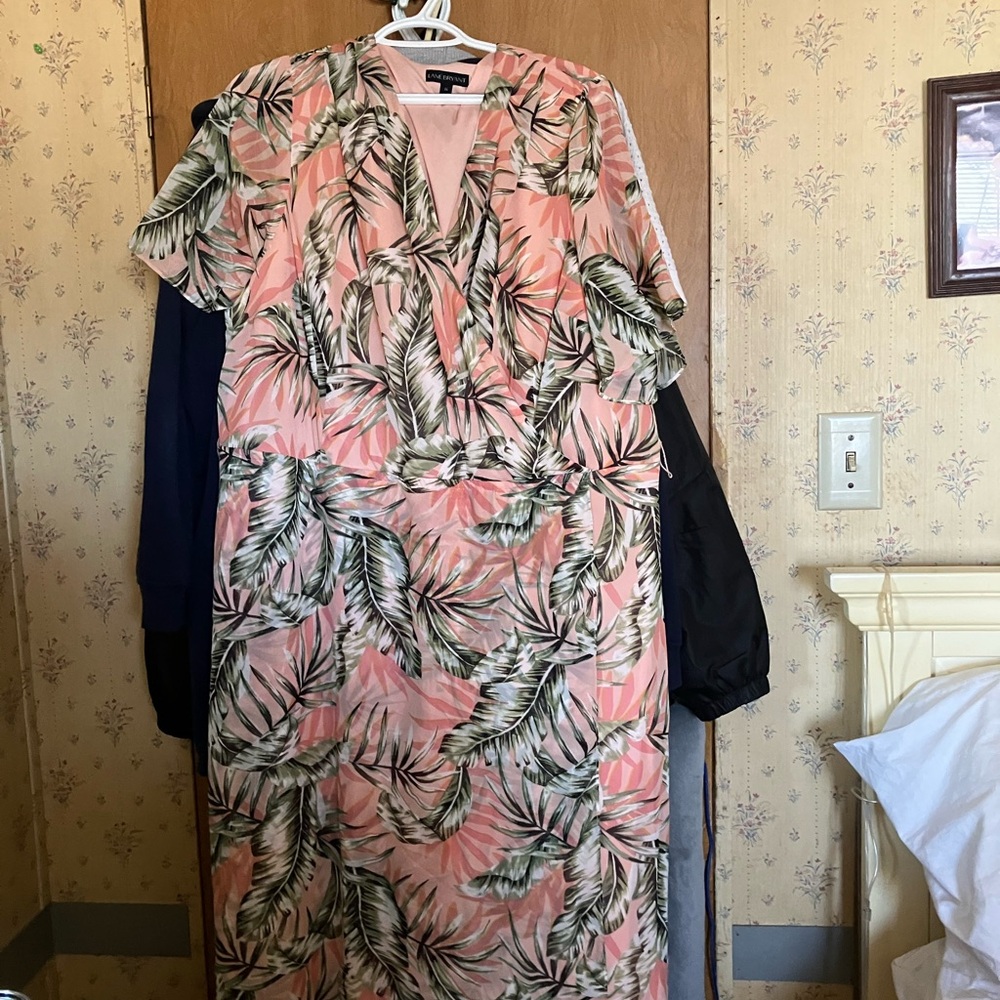 Lane Bryant Pink Green Sheath Dress with Flutter Sleeves